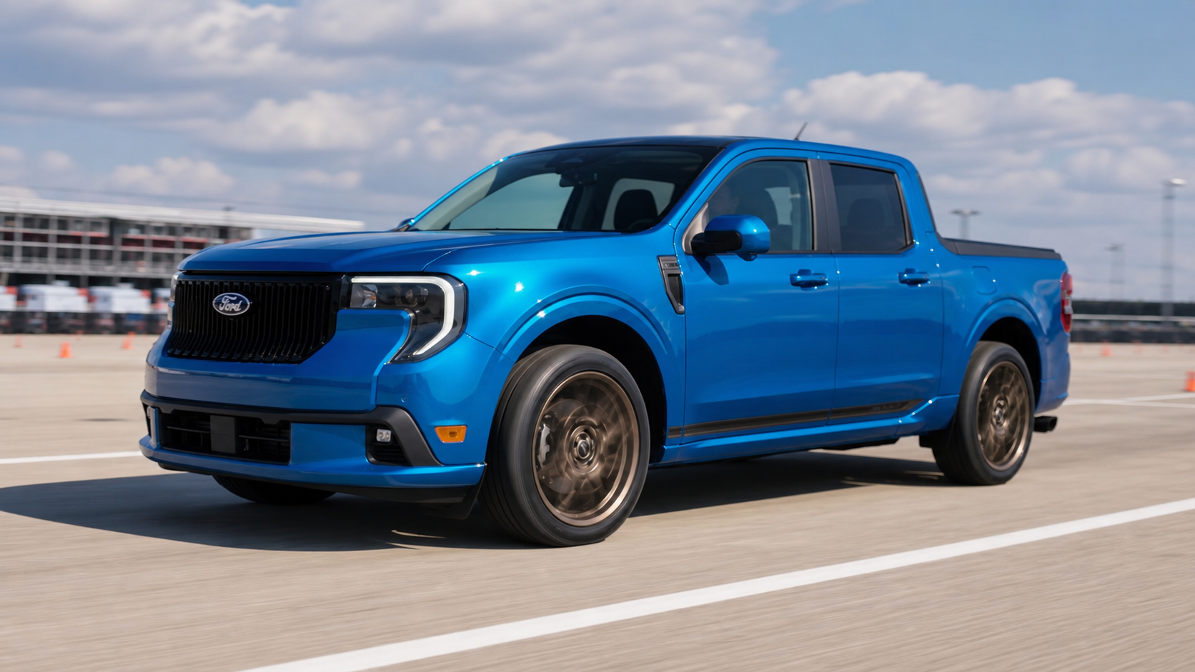Blue 2026 Ford Maverick SV300T performance truck on an autocross course