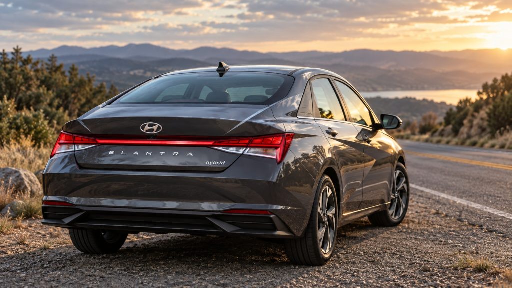 Gray Hyundai Elantra Hybrid beside an open road
